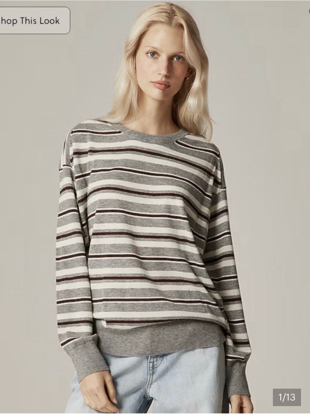 J Crew Featherweight Cashmere Striped Crewneck Sweater in Gray and Brown